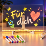 Gestaltungsbeispiel: LED-Schreibtafel mit Für-dich-Botschaft und sieben bunten Stiften
