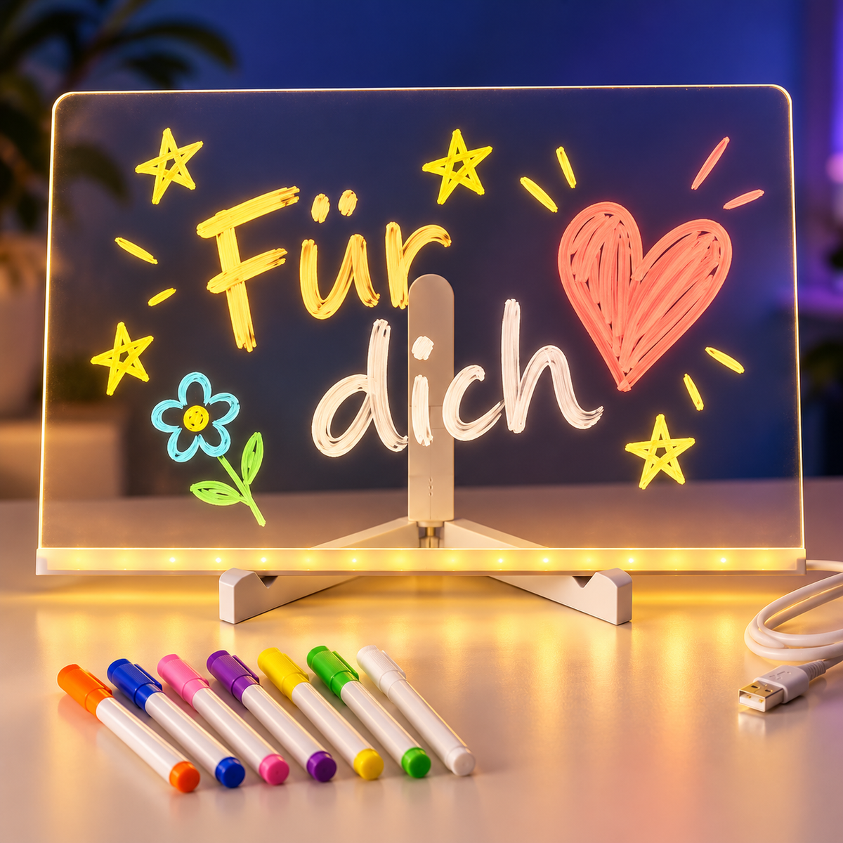 Gestaltungsbeispiel: LED-Schreibtafel mit Für-dich-Botschaft und sieben bunten Stiften