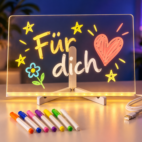 Gestaltungsbeispiel: LED-Schreibtafel mit Für-dich-Botschaft und sieben bunten Stiften